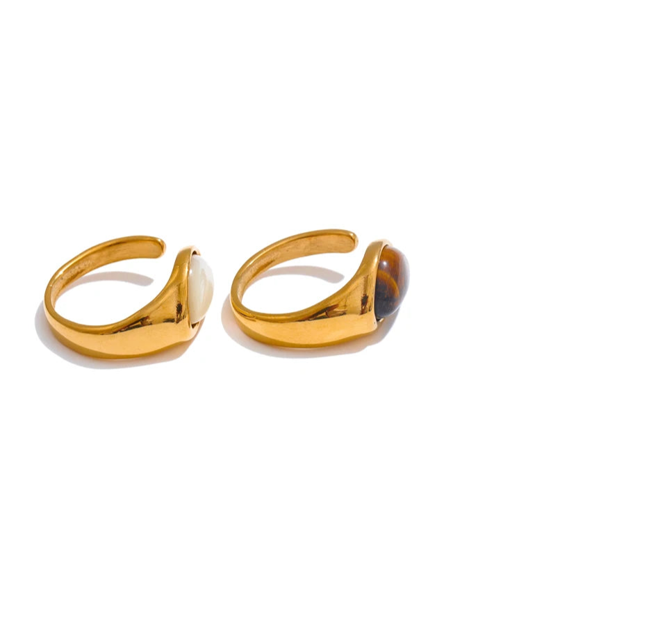 Tiger Shell & Gold Inlay Open Ring – Stainless Steel Statement Band