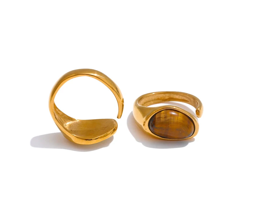 Tiger Shell & Gold Inlay Open Ring – Stainless Steel Statement Band