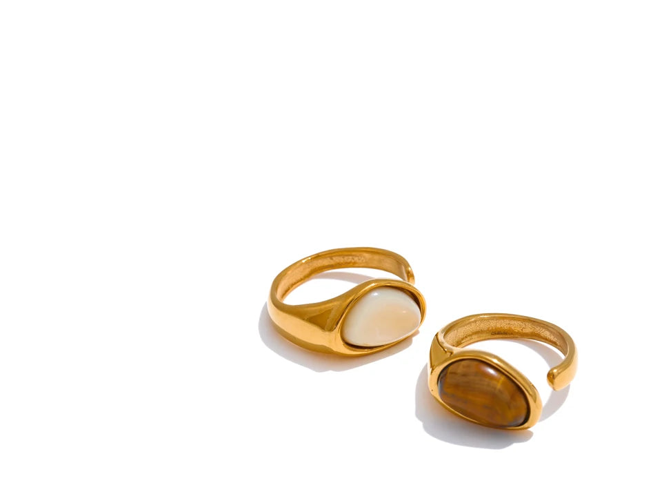 Tiger Shell & Gold Inlay Open Ring – Stainless Steel Statement Band