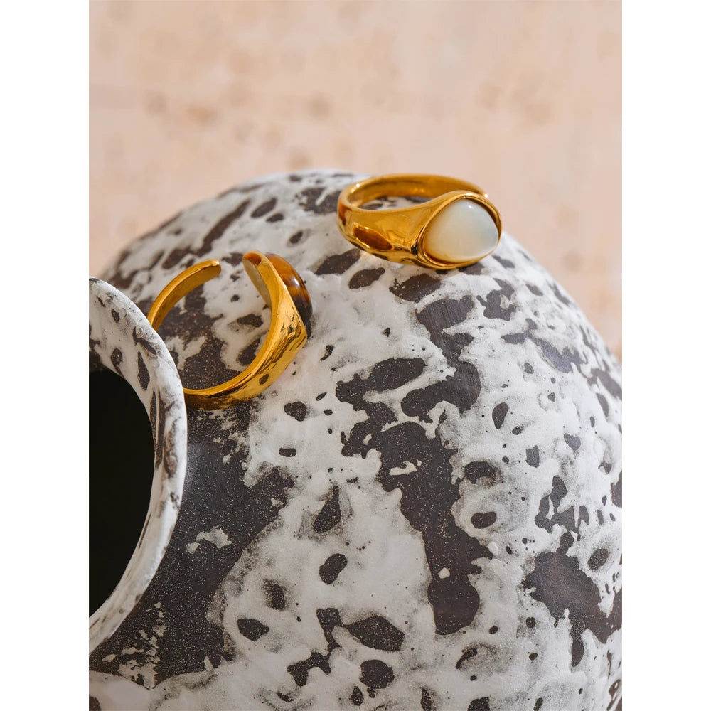 Tiger Shell & Gold Inlay Open Ring – Stainless Steel Statement Band