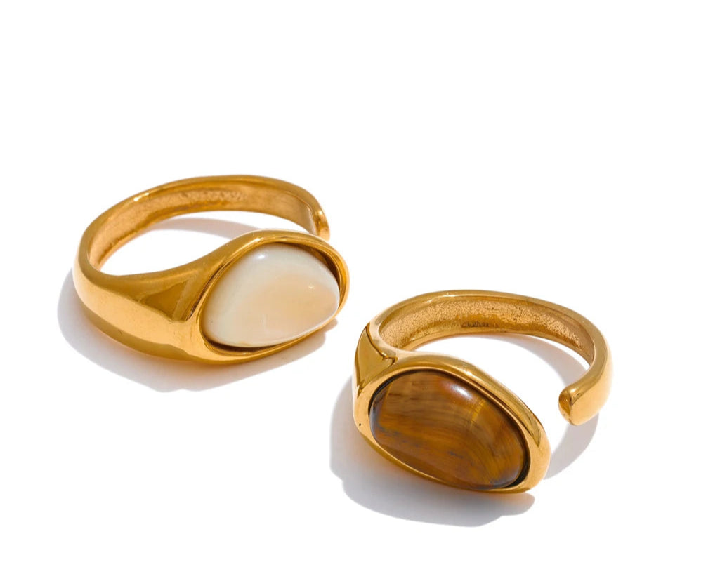 Tiger Shell & Gold Inlay Open Ring – Stainless Steel Statement Band