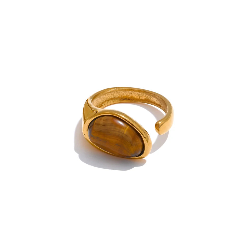 Tiger Shell & Gold Inlay Open Ring – Stainless Steel Statement Band