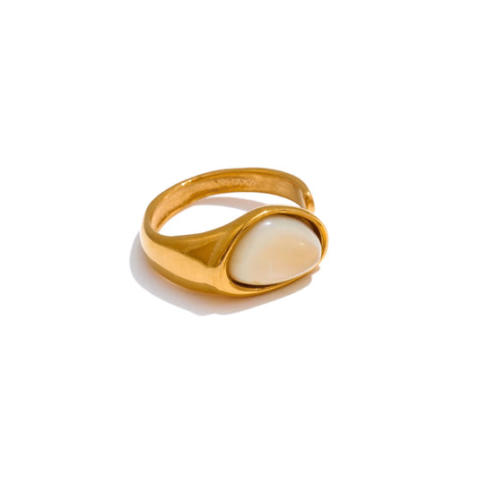 Tiger Shell & Gold Inlay Open Ring – Stainless Steel Statement Band